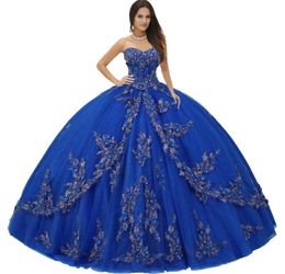 Chérie Argent Cordé Métallique 3D Appliques Quinceanera Robes Romantique Bleu Royal Sparkle Tulle Balayage Train XV Party5556334