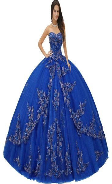 Sweetheart Silver Corded Metallic Apliques 3D Vestidos de quinceañera Romántico Royal Blue Sparkle Tulle Sweep Train XV Party1009931