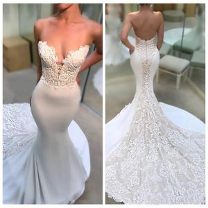 Chérie Slim Dentelle Appliques Sirène Robes De Mariée Longue Sexy Dos Nu Petite Jardin Printemps Robes De Mariée Pas Cher Long