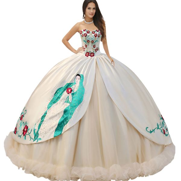 Sweetheat corpiño vasco con cuentas Virgen De Guadalupe vestido De quinceañera Vestidos religiosos superposición De satén dividido con dobladillo fruncido bordado