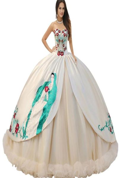 Corsage basque perlé Sweetheat Virgen De Guadalupe Robe De Quinceanera Robes Religieux Split Satin Superposition Avec Ruche Brodée6230466