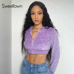 Sweetown 2021 Automne Mode Velours Sweats à capuche Femmes Vestes Slim Purple Sweatshirts Zip-Up Pull à manches longues Streetwear X0629