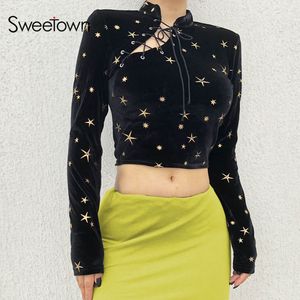 Sweetown Automne Bandage T Shirt Femmes Sexy À Manches Longues Col Roulé Velours Chemise Femme Style Chinois Noir Tshirt Femmes Crop Top J190424