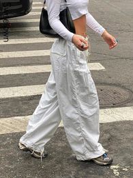 Sweetown Casual Baggy Pantalon de survêtement à jambes larges Blanc Cordon de serrage taille basse Pantalon cargo Streetwear Pantalon de jogging hippie pour femme 240123