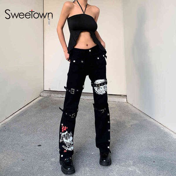 Sweetown Eyelet Boucle Noir Punk Goth Jeans Femme Techwear Dark Academic Print Girl Pantalon Cargo Taille Basse Denim Pantalon Y220311