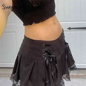 Sweetown Lace Up Goth Y2K Jupe Plissée Femme Style Punk Dark Academia Esthétique Vintage 90s Streetwear Black Dance Mini Jupes 210621