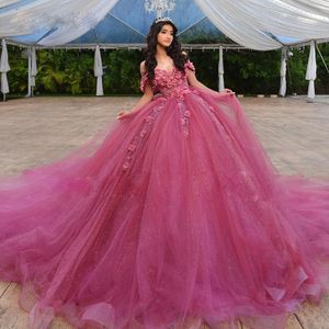 Sweety off-the-shoulder quinceanera jurken 3D bloem kant applique Sweet 15 promjurk glitter baljurk junior verjaardag fotografie jurk