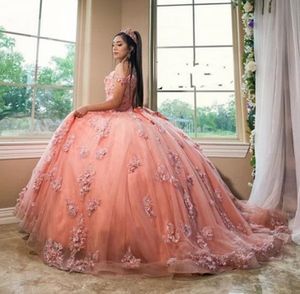 Sweety Peach Pink Quinceanera -jurken Lace Applique Rhinestone kralen prinses formele debutante feestjurken van de schouder lieverd sweetheart corset 15 meisjes prom jurk