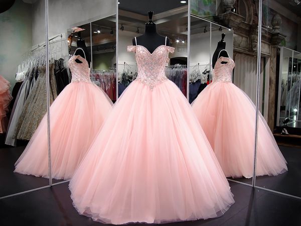 Sweety Rose Bretelles Spaghetti Tulle Quinceanera Robes Perles Strass Top Robes De Bal Prom Party Princesse Robes