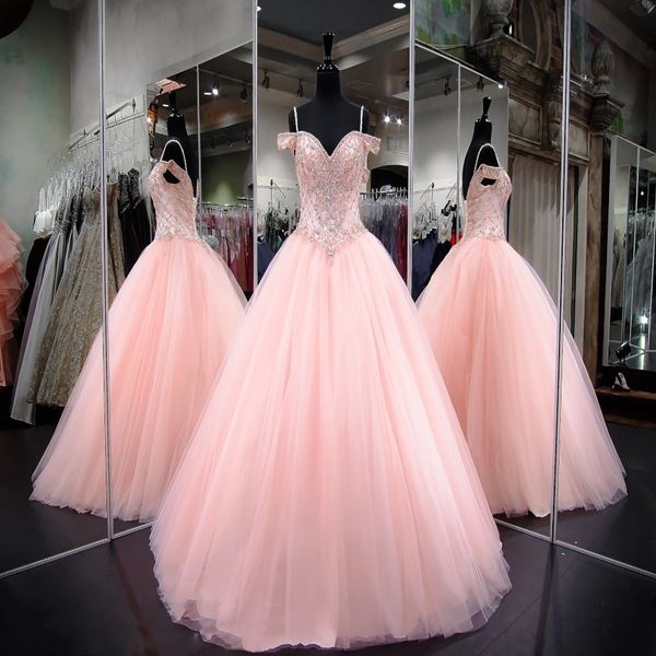 Sweety-vestidos de quinceañera de tul con tirantes finos, color rosa, con cuentas y diamantes de imitación, vestidos de fiesta de graduación, vestidos de princesa 216l