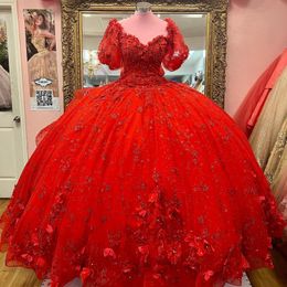 Sweety Quinceanera jurken gezwollen korte mouw zoet 15 jurk rode kleur 3d bloem pailletten vestidos de xv anos