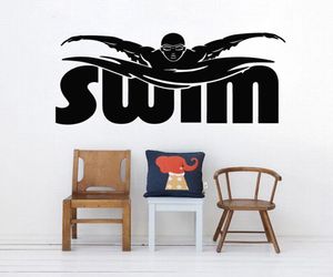 Zwem speler muur sticker atletische sport vinyl muur sticker sportschool zwemmen muur kunst muurschildering zwem woorden sticker watersport poster2424667