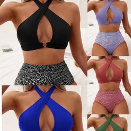 Zwemkleding 2024 Sexy bikini-badpakken Push-up damesbadresultaten met hoge staat S met stip bedrukte warmwaterbronnen Polyester watersporten 240311