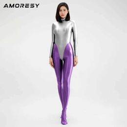 Zwemkleding AMORESY alles in één vorm T-shirt dameszwempak sexy strakke rits hoge vork sexy glanzend badpak met lange mouwen onderkant watersporten 240311