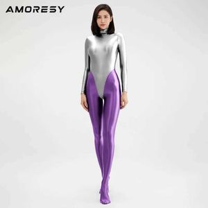 Zwemkleding AMORESY alles in één vorm T-shirt dameszwempak sexy strakke rits hoge vork sexy glanzend badpak met lange mouwen onderkant watersporten 240311