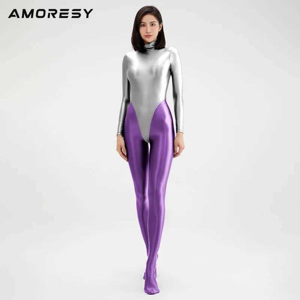 Ropa de baño AMORESY todo en una forma camiseta traje de baño para mujer sexy cremallera ajustada horquilla alta sexy traje de baño brillante con mangas largas deportes acuáticos 240311