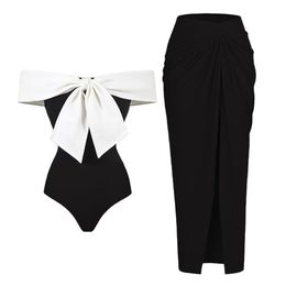 Fato de banho preto e branco biquíni de um ombro só com abertura nas costas design de laço maiô feminino elegante alças encobrir 230727