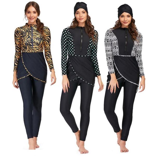 Ropa de baño Burkini musulmán traje de baño 2021 traje de baño de mujer modesto Patchwork Hijab manga larga traje de baño deportivo 3 uds islámico Bu258U