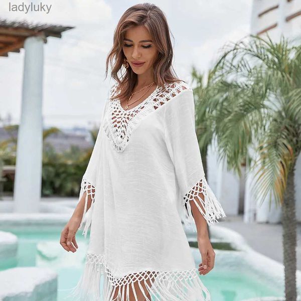 Ropa de baño CROCHET BIKINI Mujeres de encaje Vestido de playa transparente Bikini Encubrimientos Casual Vestido de rebeca suelto Kimono Verano Traje de baño L240115