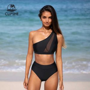 Maillot de bain Coupes Noir Mesh Bikini Taille haute Maillot de bain pour femmes Sexy Débardeur Deux pièces Beachwear 2024 Maillot de bain sports aquatiques 240311