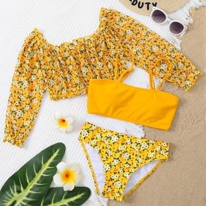 Zwemkleding Bloemenprint Meisjes Badmode Bikini's Voor Kinderen Drop Kinderen 3 Stuks Badpak Cover Up Set Tieners Zwempak Biquini 230325