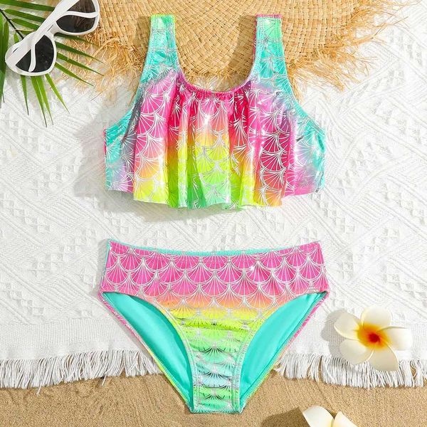 Ropa de baño Niñas Escala de pescado Sirena Bikini Traje de baño Niños Ombre Volantes Dos piezas Traje de baño para niños 4-18 años Traje de baño para adolescentes Ropa de playa 240229