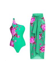 Maillot de bain vert une épaule Flora imprimé Bikini ensembles maillot de bain jupe femmes brésilien vacances maillots de bain plage maillots de bain 230508