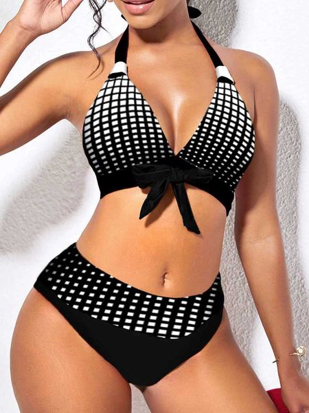 Ropa de baño Bikinis halter 2024 Traje de baño a rayas para mujer Traje de baño push up de alta condición Trajes de playa para mujer Traje de baño con lazo en el frente Deportes acuáticos 240311