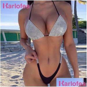 Zwemkleding Karlofea Luxe Bling Rhinestone Bikini Crystal Diamond Y Women Swimsuit Halte Ggitys kanalen Burburress Luis Louies Vitt otwgj