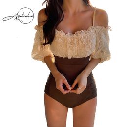 Maillot de bain coréen doux épaules dénudées manches bouffantes Crochet dentelle Patchwork taille haute Monokini maillot de bain femmes mince plage maillot de bain 230418