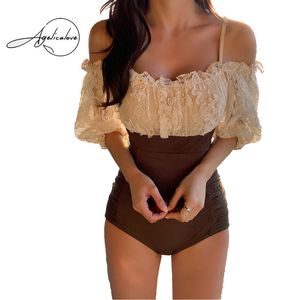 Maillot de bain coréen doux épaules dénudées manches bouffantes Crochet dentelle Patchwork taille haute Monokini maillot de bain femmes mince plage porter maillot de bain 230320