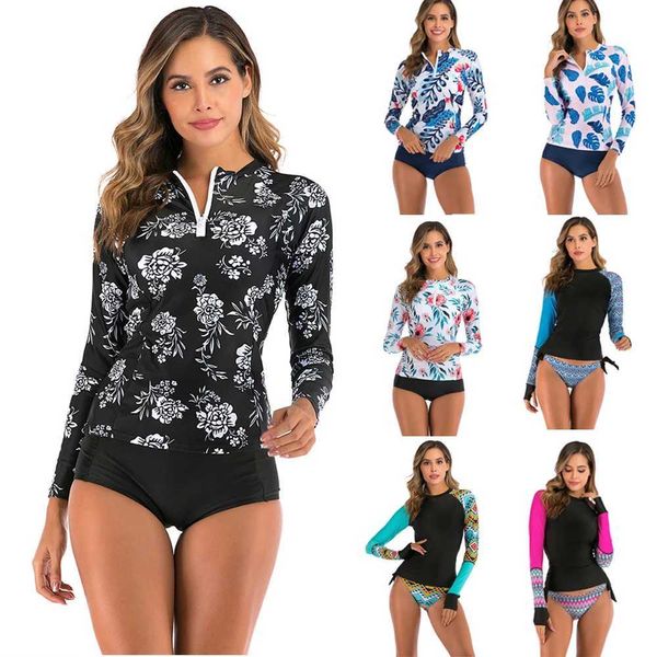 Traje de baño Traje de baño de dos piezas con estampado de manga larga para mujer Traje de baño con cremallera Traje de baño de talla grande S-2XL Traje de surf con cuello de playa Deportes acuáticos 240311