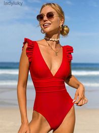 Peachtan maillots de bain unis 2023 nouveau col en V Bikini rouge une pièce maillot de bain femmes maillot de bain à volants maillots de bain dos nu maillot de bain L240115