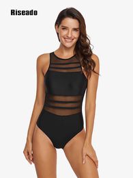 Maillot de bain Riseado Mesh One Piece Maillot de bain Femme Maillots de bain 2023 Maillot de bain sexy pour femme Monokini Plus Size Maillots de bain Noir Col haut HKD230628