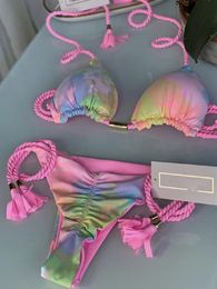 Zwemkleding ruotongsept gradiënt print zwempak sexy braziliaans gevlochten touw vrouwen badkleding micro bikini set driehoek strand biquinis 230411