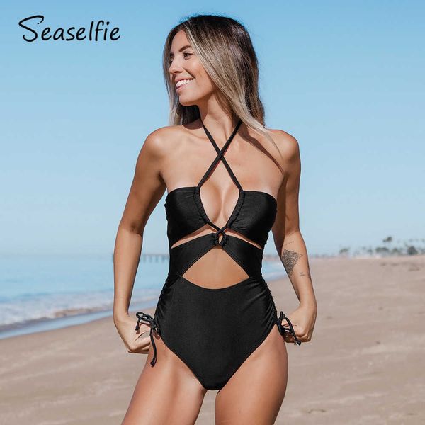 Maillot de bain SEASELFIE noir découpé licou maillot de bain une pièce pour femmes Sexy cordon Monokini maillots de bain 2023 plage maillot de bain maillots de bain HKD230628