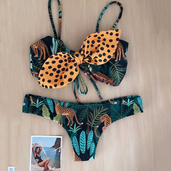 Maillot de bain Sexy opard Et aves Imprimer Bikinis Femmes Maillot De Bain Dot Bow Biquini Ensemble Brésilien Maillot De Bain Beachwear Fa HKD230628