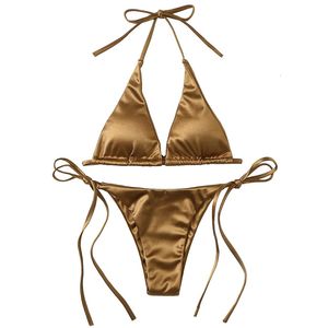 Traje de baño Sexy para mujer Metálico Halter Top Traje de baño de dos piezas Tie Side Triangle Bikini Verano Sólido Traje de baño Ropa de playa Bikini Set 230313