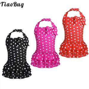 Zwemkleding TiaoBug Kids Teens Eendelig Halter Badpak Polka Dots Ruched Tiered Badmode Meisjes Beachwear Zwemmen Bodysuit Badpak HKD230628