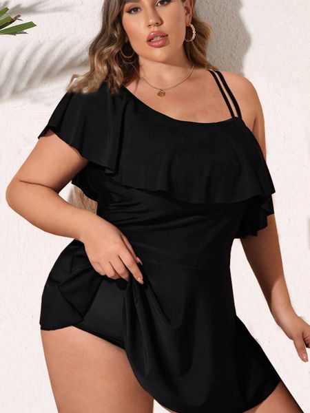 Ropa de baño VigoJany 2023 Traje de baño tankini negro para mujer Traje de baño de dos piezas de talla grande Traje de baño tankini con volantes de un hombro grande para mujer 240229