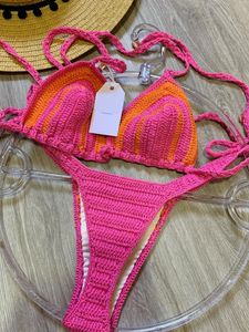 Maillot de bain femmes tissu crochet bikini ensembles maillot de bain sexy haut réglable à lacets maillots de bain femme rose avec jaune Boho maillots de bain nager 230629