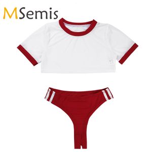 Traje de baño Mujer s School Girl Sheer Body Conjunto de lencería de dos piezas Manga corta Crop Top con entrepierna abierta Tangas Calzoncillos Ropa interior 230701