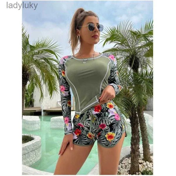 Maillot de bain deux pièces pour femmes, maillot de bain fendu avec protection solaire, short à Angle plat + Bikini imprimé à manches longues, vêtements de plongée 2024L240115