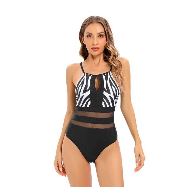 Maillot de bain femme sexy maillot de bain en maille creux avant une pièce extensible costume Patchwork maillot de bain Monokini noir avec imprimé blanc taille S-XL sports aquatiques 240311