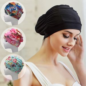 Swimming Caps 1PC High Elastic Swimming Cap Men Women Free Size Solid Flowers Printed Long Hair Sports Swim Pool Hat Nylon Turban 230616