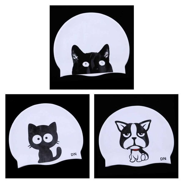 Gorros de natación Gorro de natación para adultos de silicona resistente al agua y duradero de 3 piezas Gorro de baño estilo mascota para nadar - Gato Collins/Cabeza de gato/Perro azul YQ240119