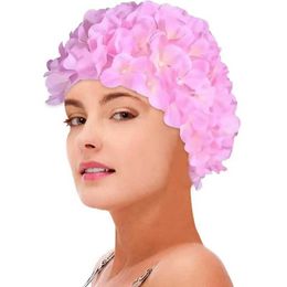 Swimming Caps 3D Floral Woman Elasticity Petal Retro Swimming Cap Summer Fashion Ladies Flower Vintage Beach Bathing Hat YQ240119