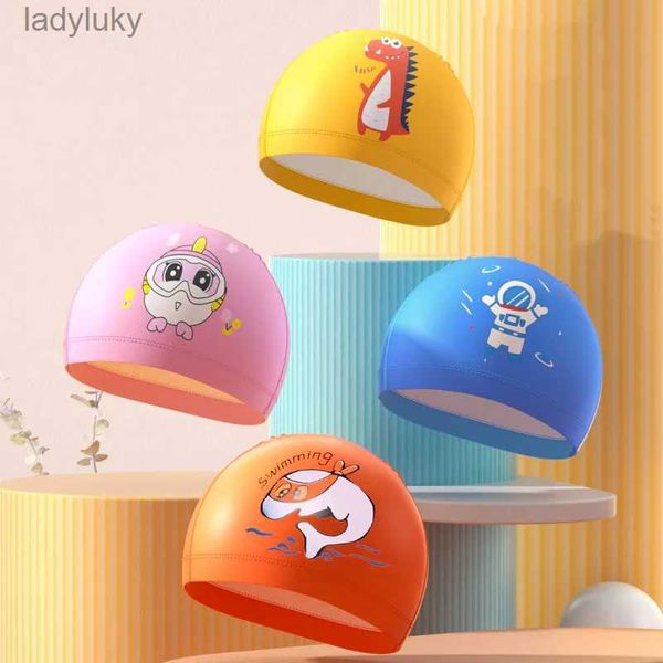 Bonnets de natation Dessin animé mignon imprimé PU enfants bonnet de bain garçons filles Kawaii haute élastique Protection des oreilles bonnet de bain accessoires de piscine L240125