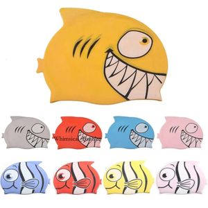 Bonnets de natation Bonnet de bain requin dessin animé enfants Silicone enfants chapeau de piscine étanche protéger les oreilles garçons et filles équipement de natation 2908