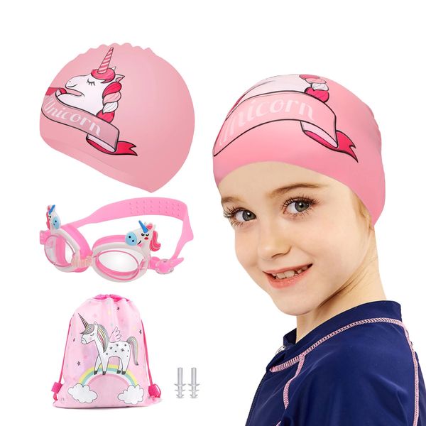 Bonnets de natation Fille Licorne Lunettes de Natation Natacion Anti-buée Lunettes de Natation Bouchon d'oreille en Silicone avec Sac de Rangement pour Enfants de 3 à 12 Ans Bonnet de Bain 231213